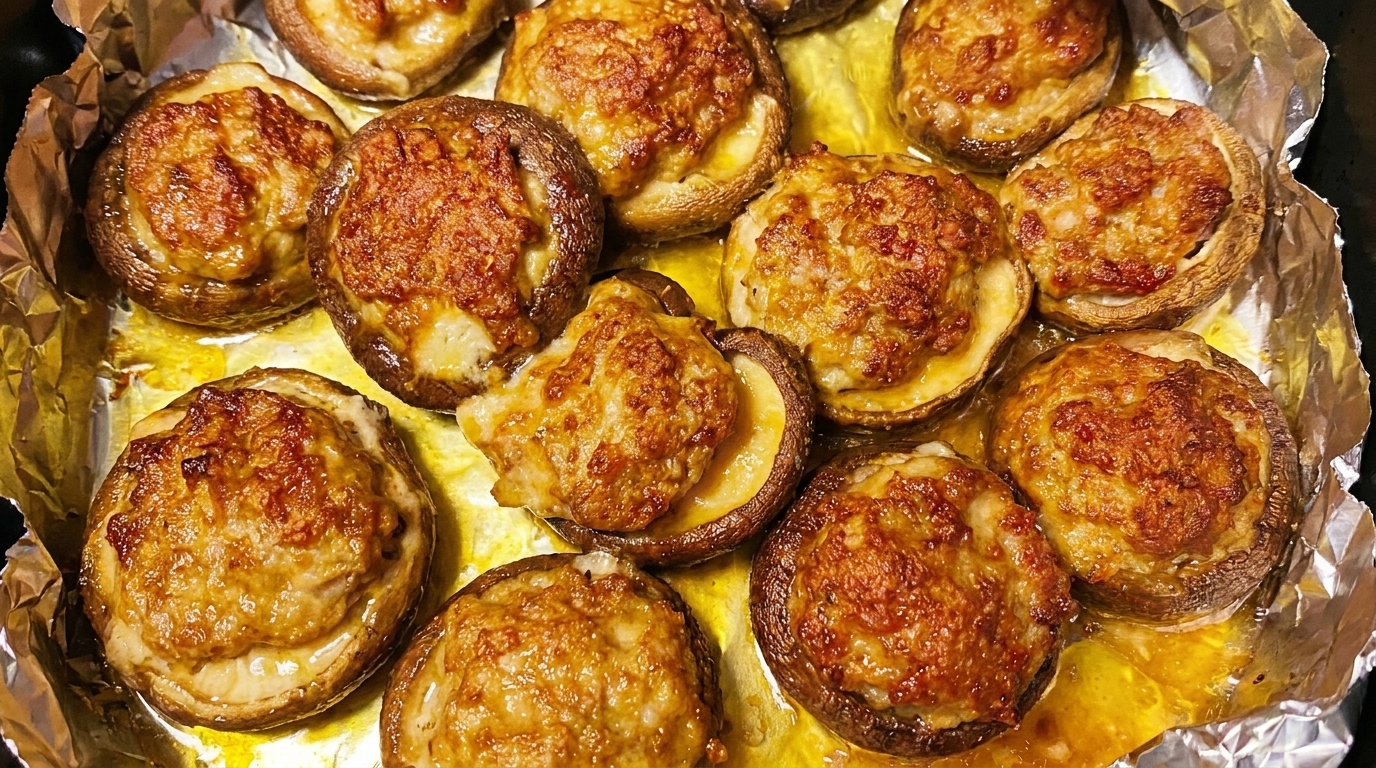 Złociste, pieczone w frytkownicy beztłuszczowej faszerowane pieczarki, upieczone do perfekcji.