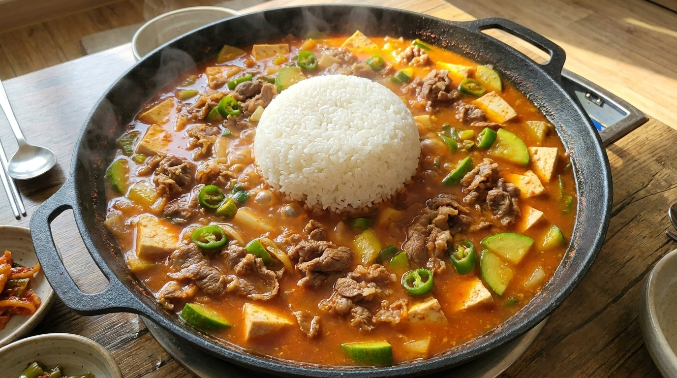 Koreańskie Doenjang Jjigae z wołowiną i ryżem