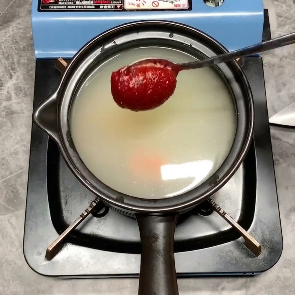 Łyżka gęstej, jasnoczerwonej pasty chili dodawana do garnka z bulionem.