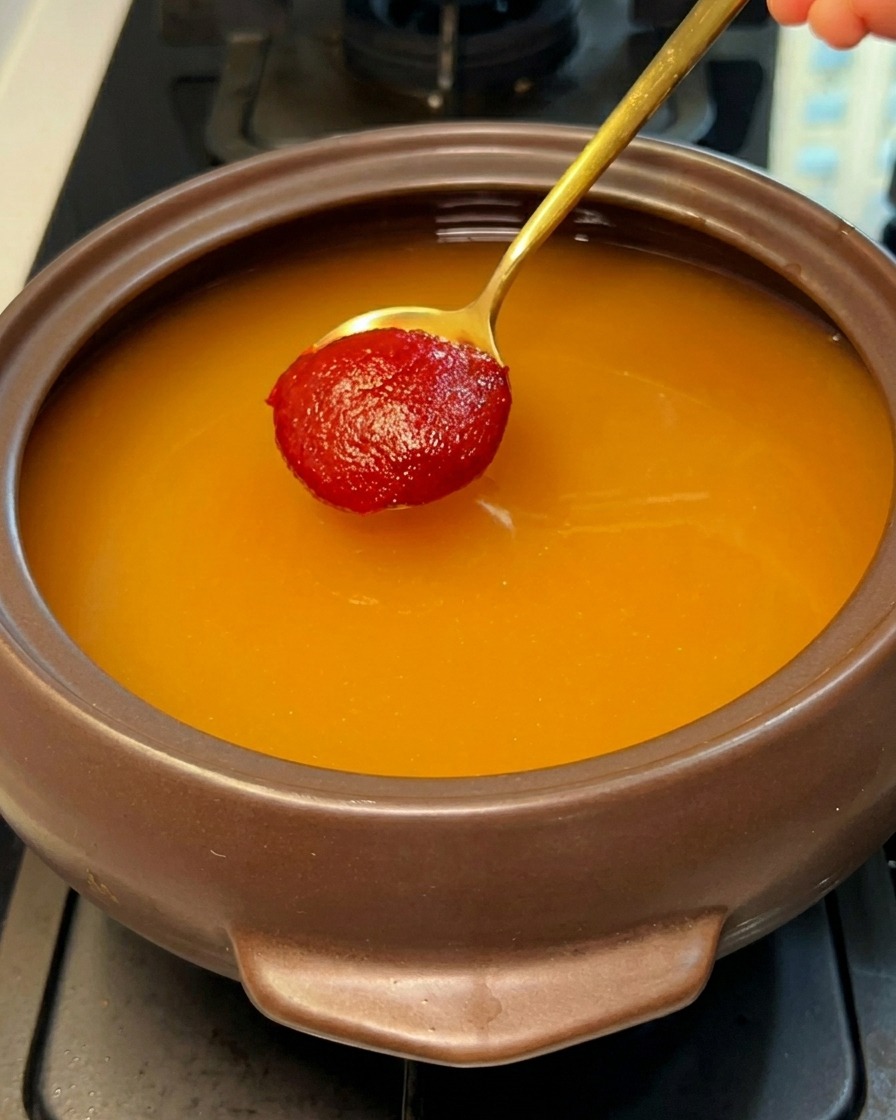 Czerwona koreańska pasta chili mieszana z bulionem, nadając mu głęboki kolor.
