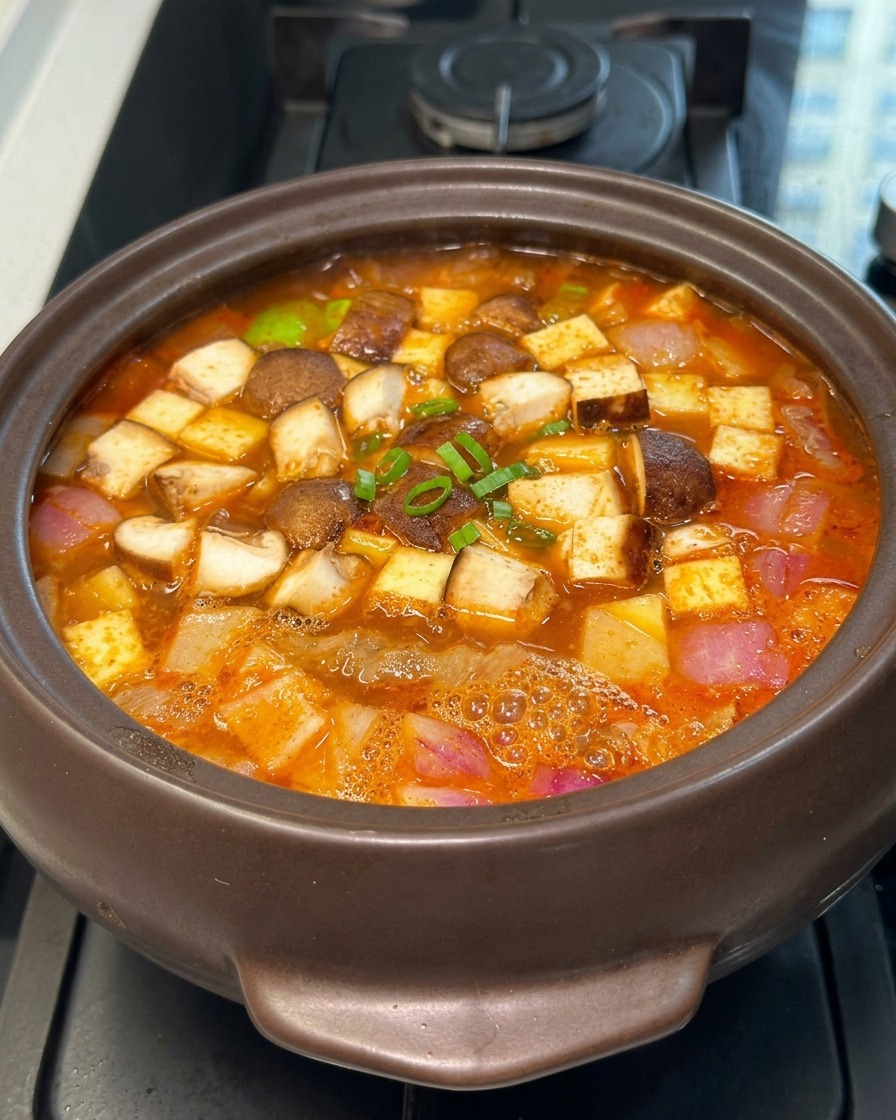 Kamienny garnek wypełniony ostrym czerwonym bulionem, tofu, grzybami shiitake i cebulą.