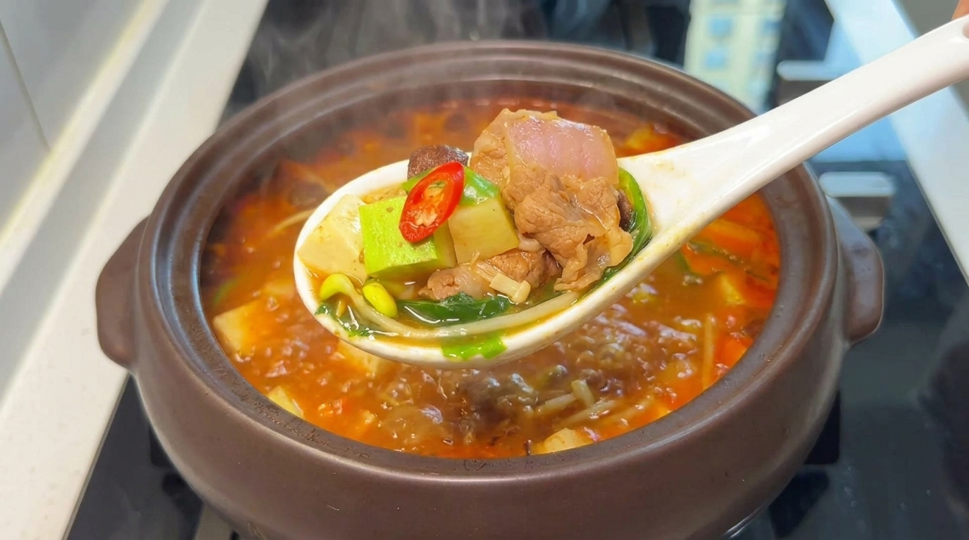 Porcja sycącego Doenjang Jjigae z bogatym bulionem, delikatną wołowiną, tofu i świeżymi warzywami.