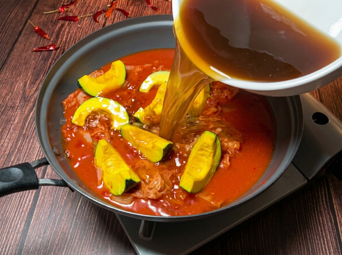 Złocisty wywar wlewany do garnka z kimchi i kawałkami dyni kabocha.