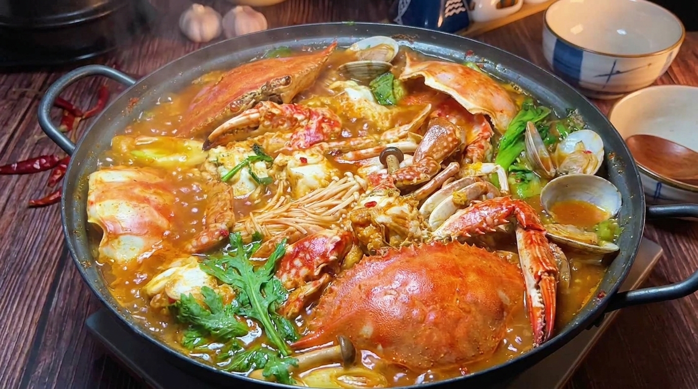 Koreańska pikantna zupa z krabem i kimchi