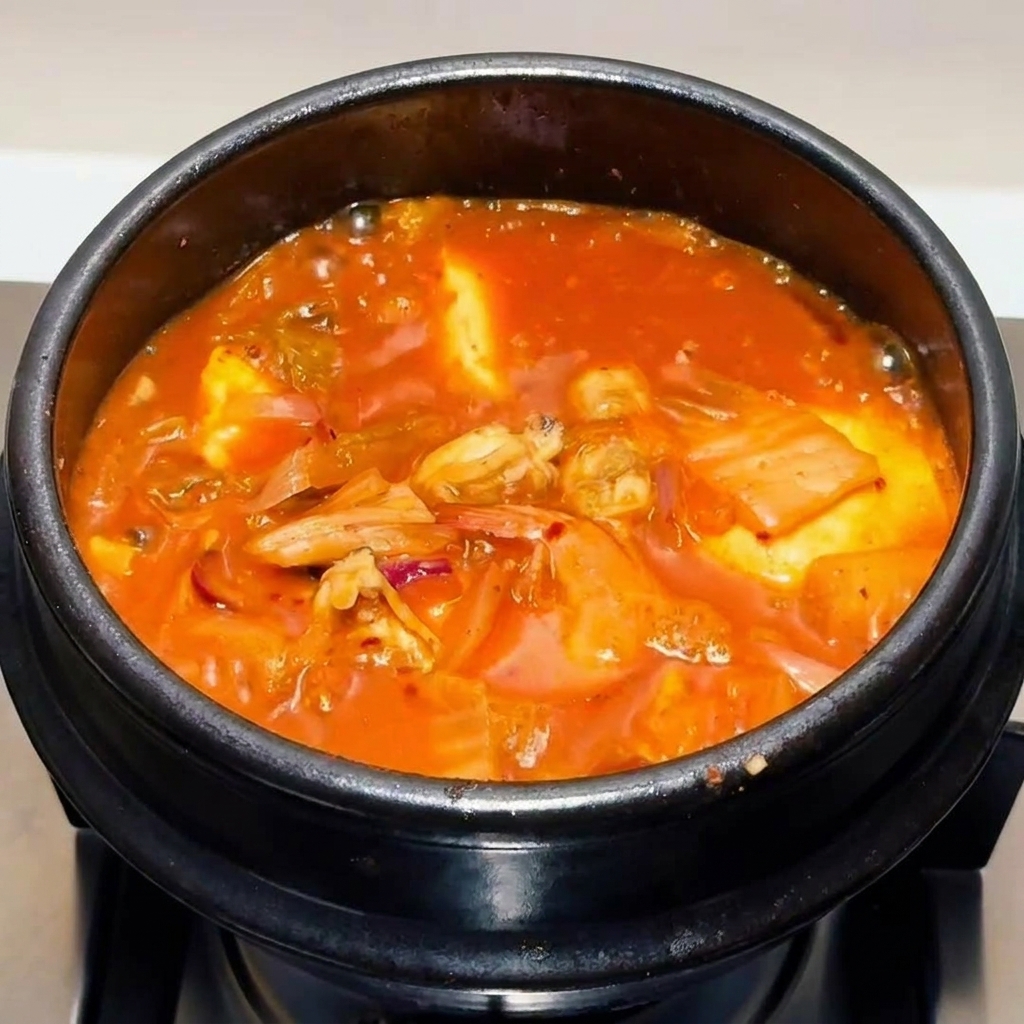 Gotowy, bulgoczący gulasz kimchi posypany świeżym, posiekanym zielonym szczypiorkiem.