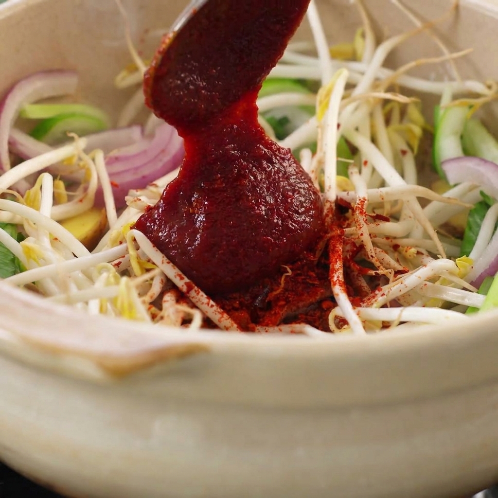 Łyżka jasnoczerwonej koreańskiej pasty chilli dodawana do mieszanki warzyw w garnku glinianym.