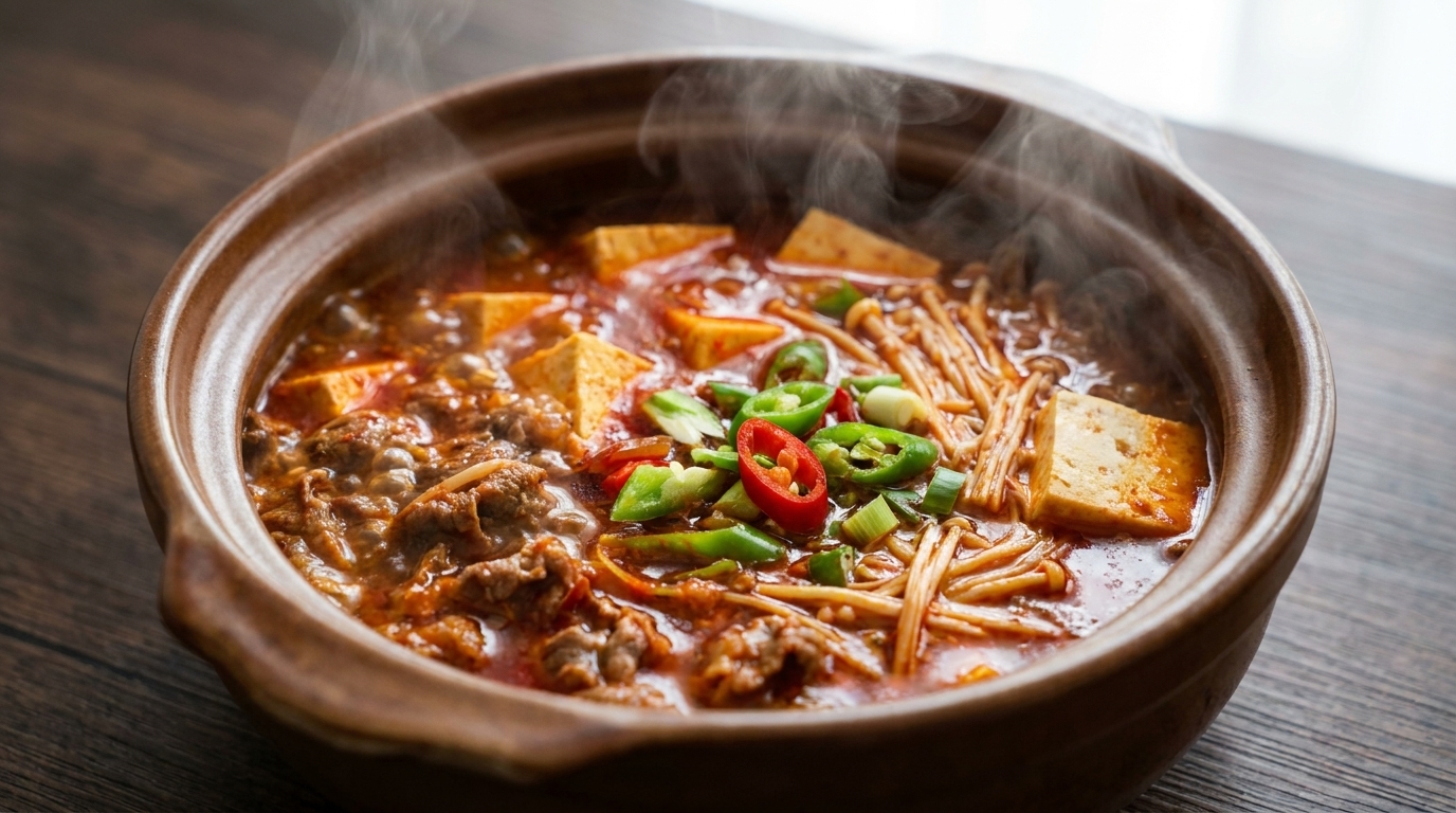 Bulgoczący garnek gliniany z pikantną zupą wołową z tofu, udekorowany świeżą zieloną cebulką i papryczkami chilli