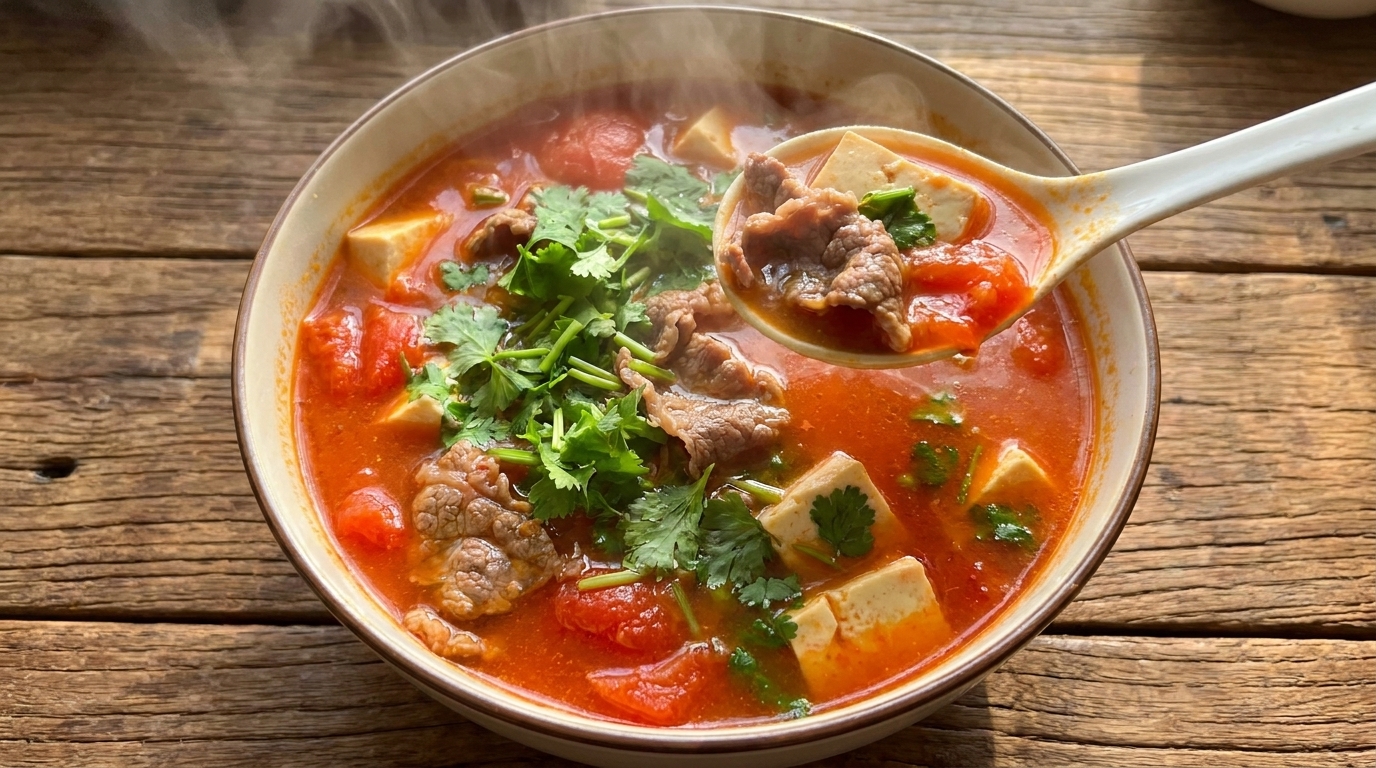 Zupa pomidorowa z wołowiną i tofu jedwabistym