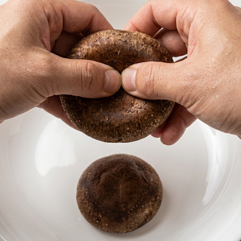 Zbliżenie na dłonie rozrywające świeży grzyb shiitake na pół nad białą miską.