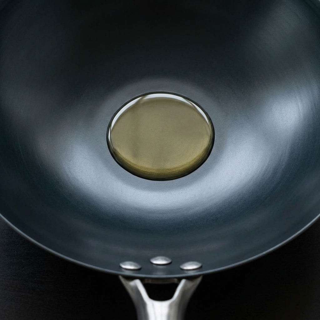 Świeże grzyby shiitake smażone na gorącej żeliwnej patelni typu wok z olejem.