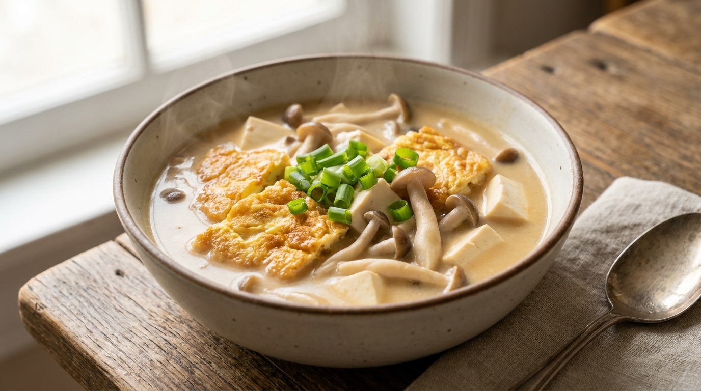 Aromatyczna zupa z jajkiem, grzybami i tofu