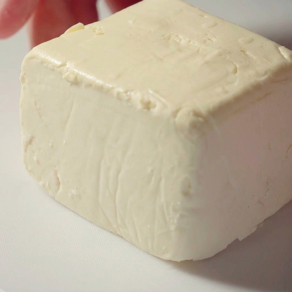 Blok białego tofu krojony w trójkąty na desce do krojenia.