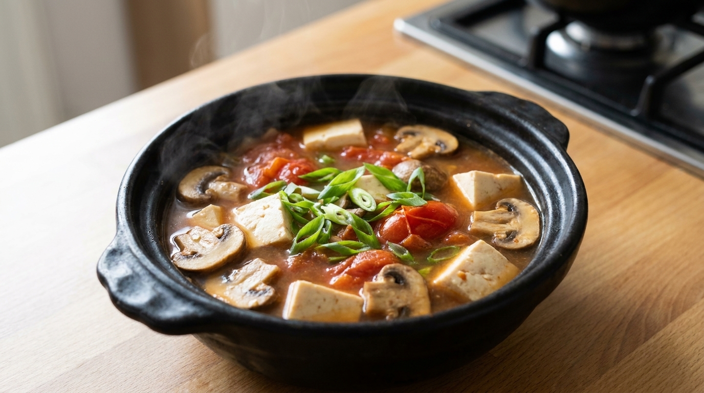 Zupa pomidorowa z tofu i pieczarkami