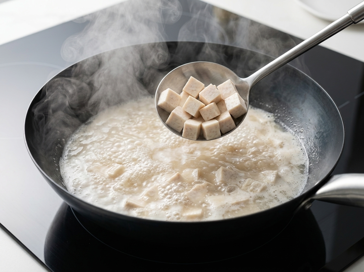 Kostki tofu gotujące się w aromatycznym wywarze w woku.