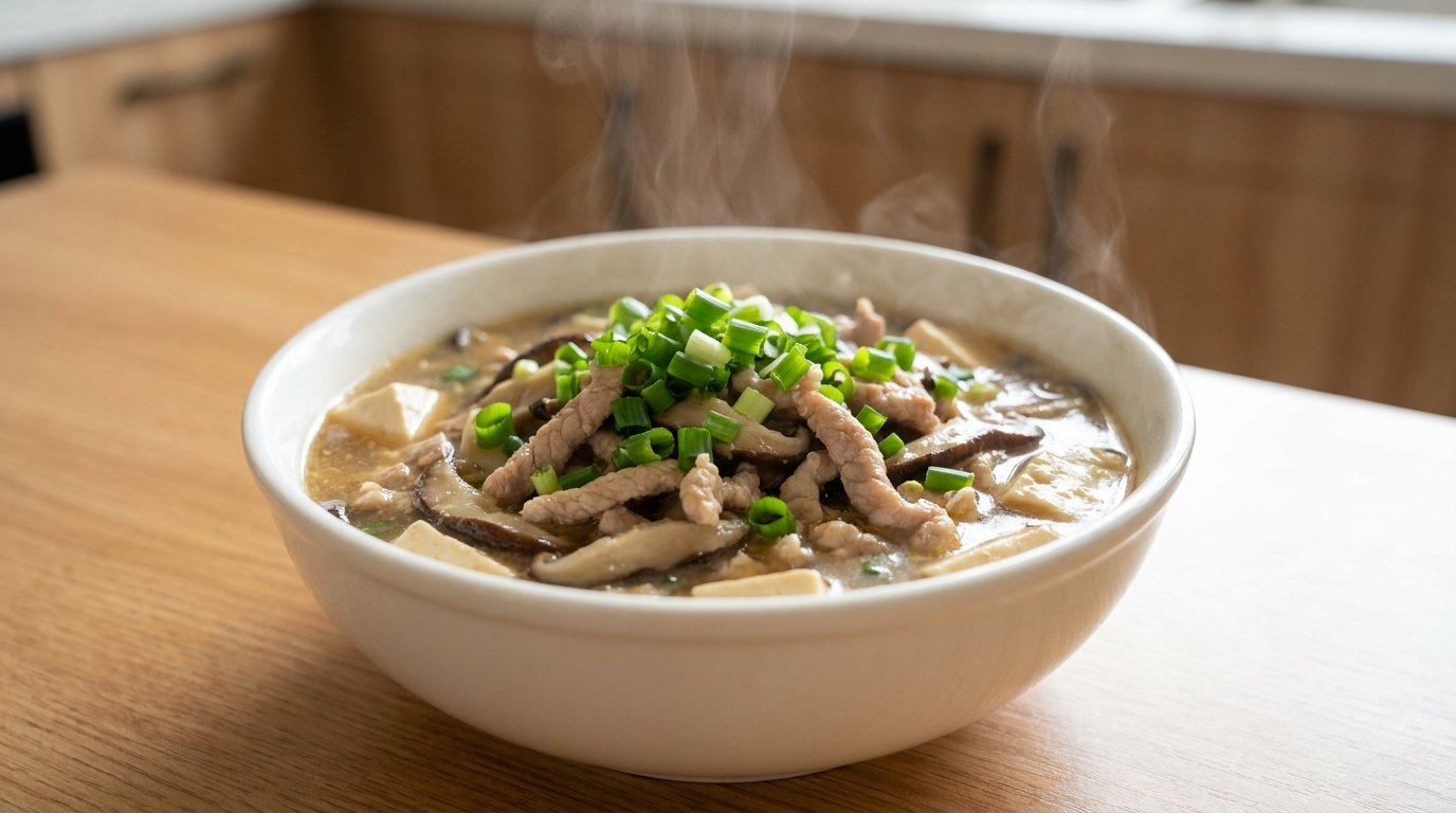 Pożywna zupa z chudą wieprzowiną, tofu i grzybami