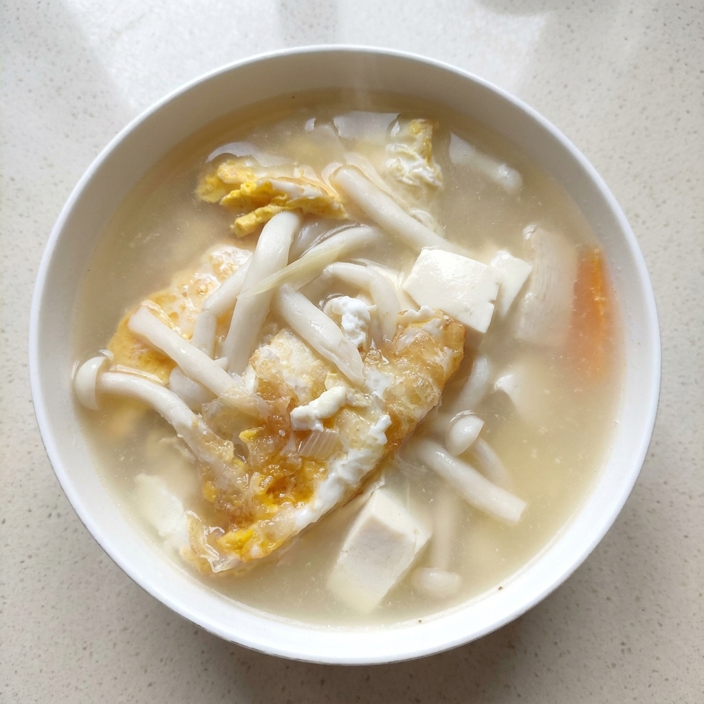 Zupa gotująca się w garnku, z widocznymi kawałkami grzybów, tofu i jajek.