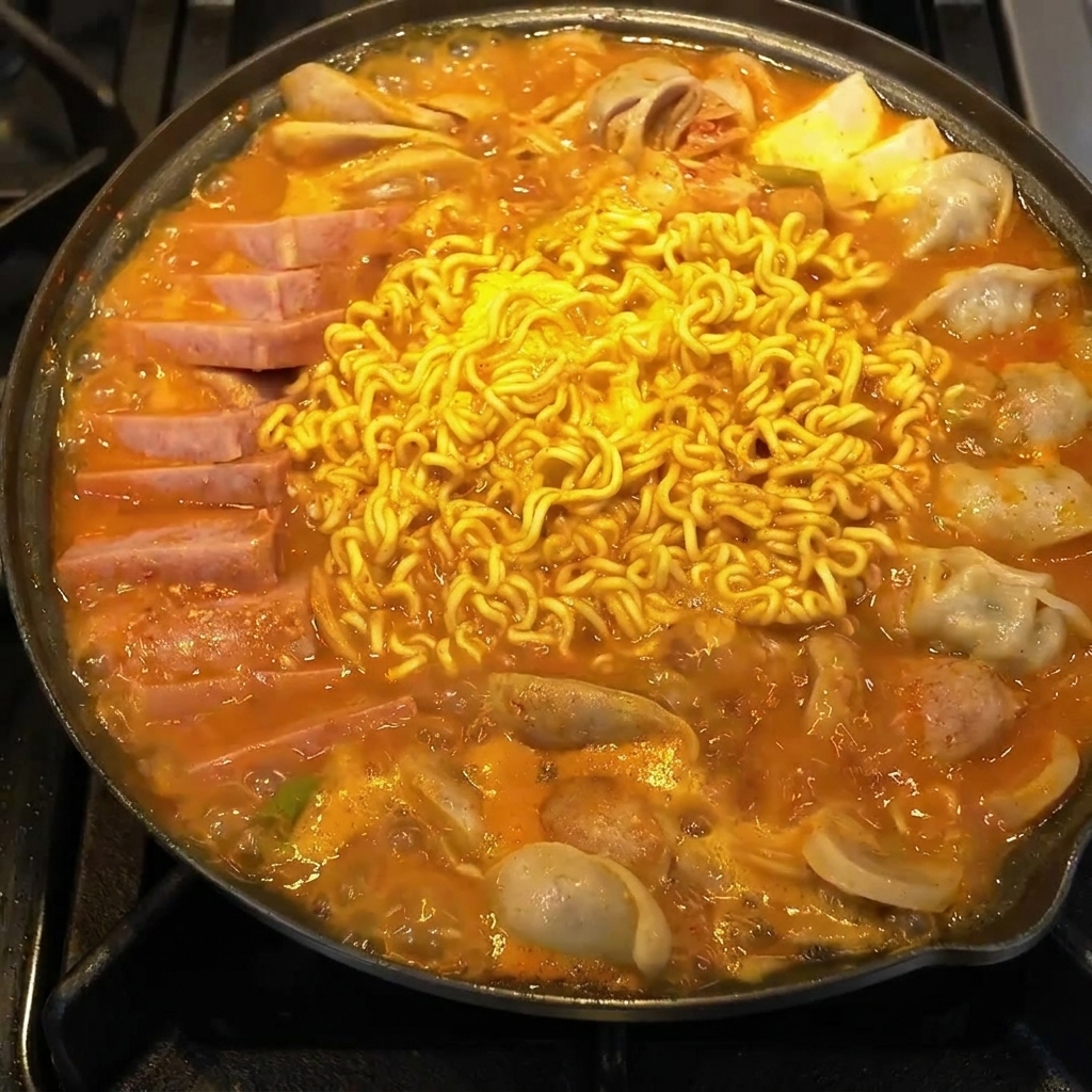 Szeroka patelnia z estetycznie ułożonymi plastrami mielonki, parówek i tofu na bazie z cebuli i szczypioru.