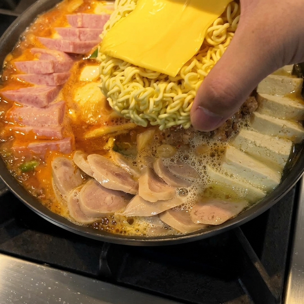 Blok makaronu instant przykryty plastrem sera cheddar, umieszczony w centrum gotującego się gulaszu.