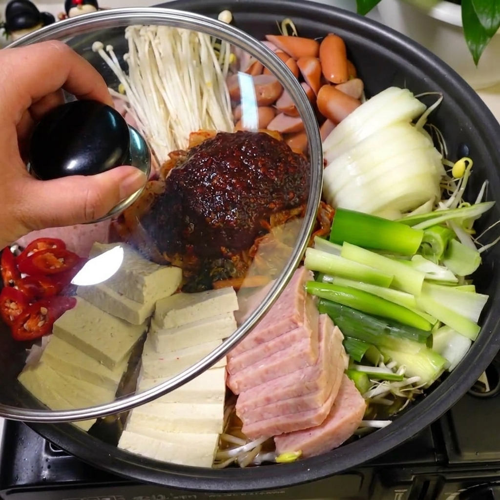Dwie kostki suszonego makaronu ramen umieszczane w środku gotującego się gulaszu.