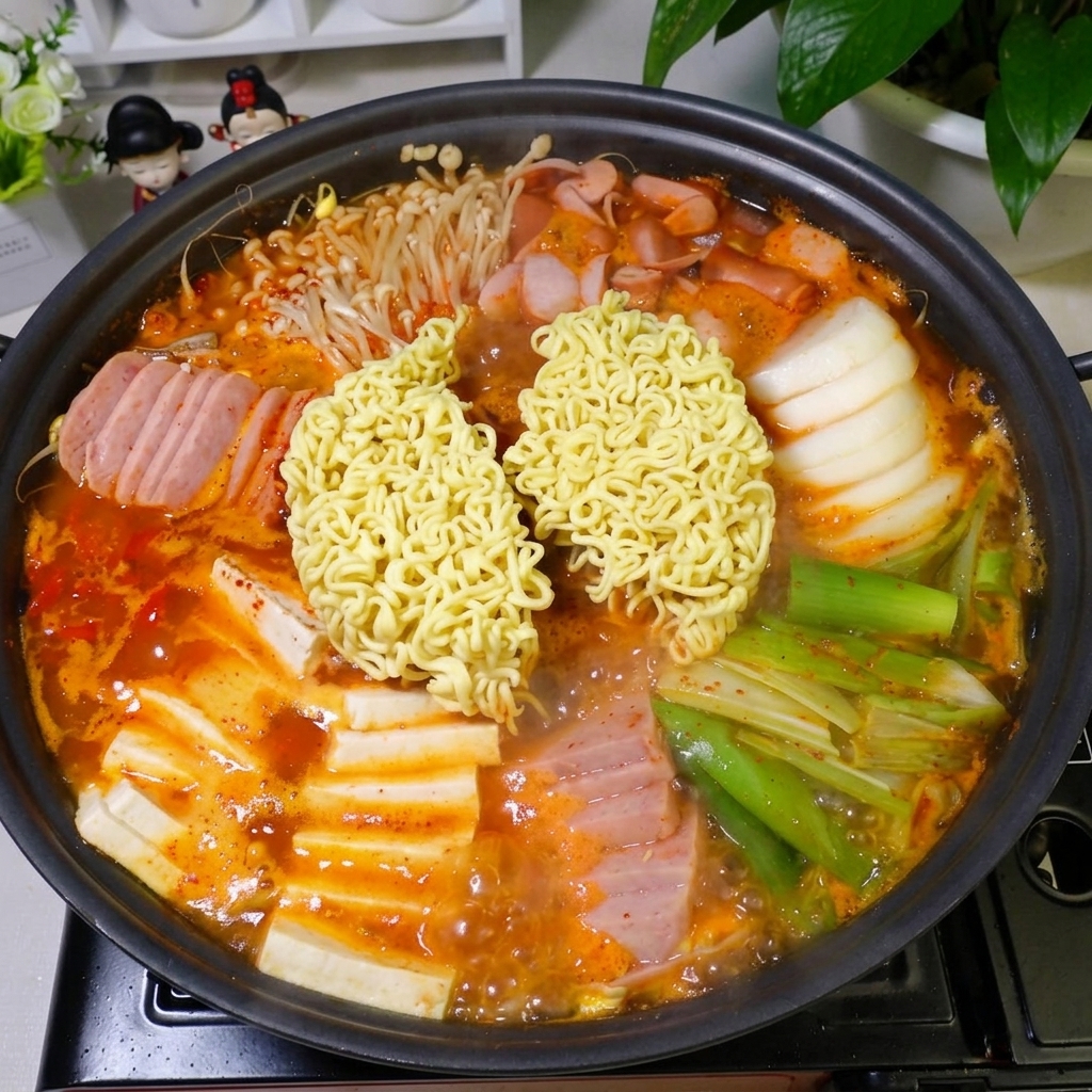 Pojedynczy plaster żółtego sera topiący się na wierzchu makaronu ramen w parującym gulaszu.
