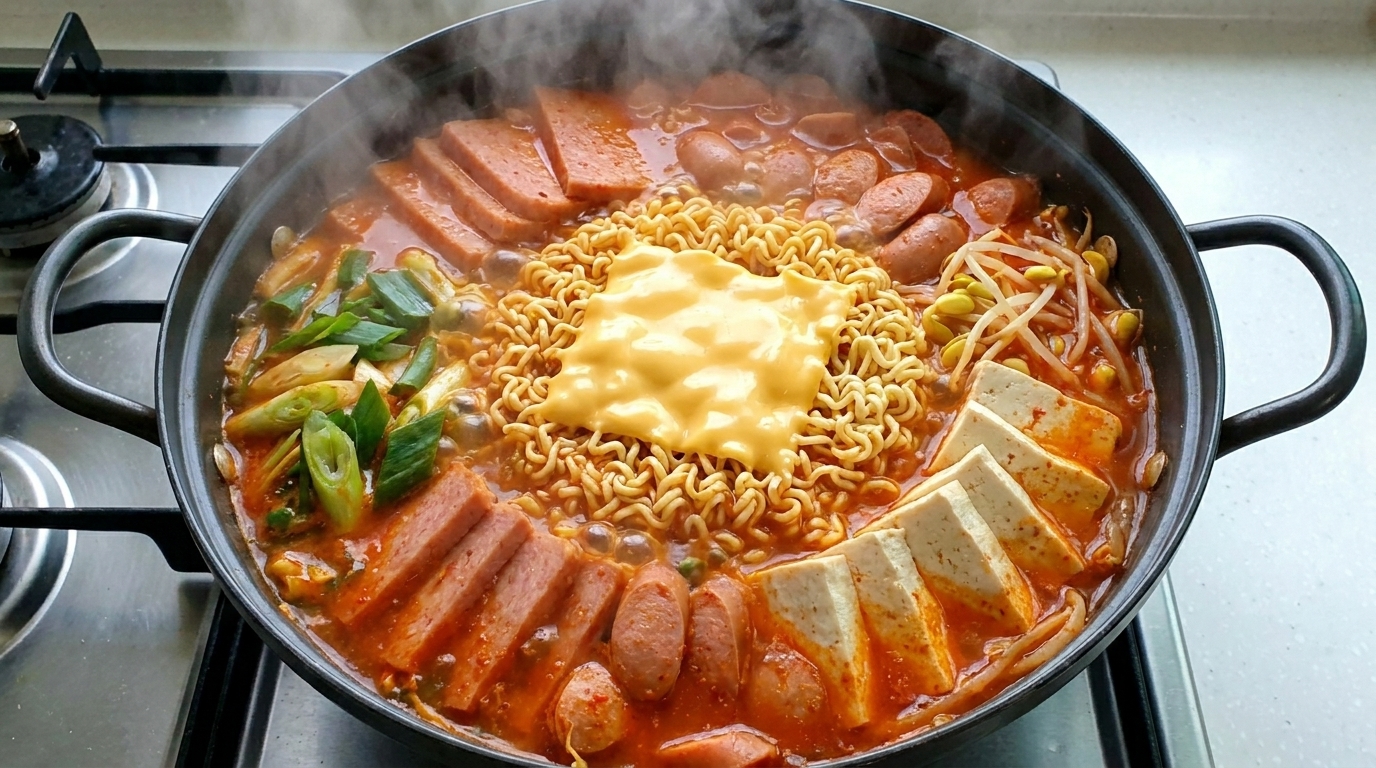 Bulgoczący garnek Budae Jjigae z ramenem, kiełbasą, spamem, tofu i topiącym się plastrem sera.