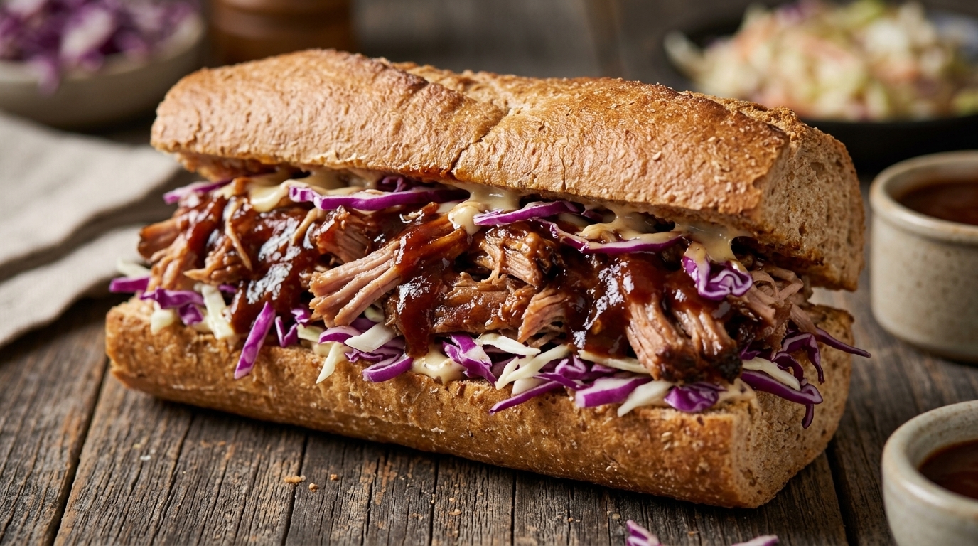 Kanapka z szarpaną wieprzowiną i surówką coleslaw w bagietce