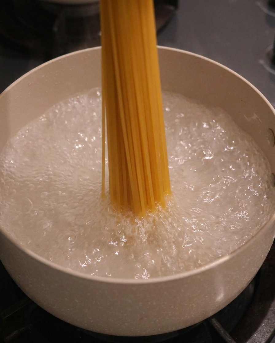 Wiązka suchego makaronu spaghetti wkładana pionowo do garnka z wrzącą wodą.