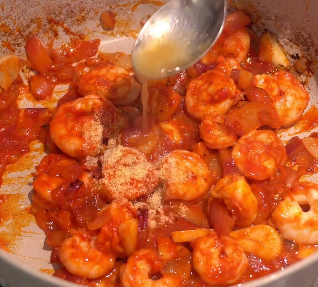 Czerwona papryka i czosnek granulowany sypane na krewetki w sosie chili.