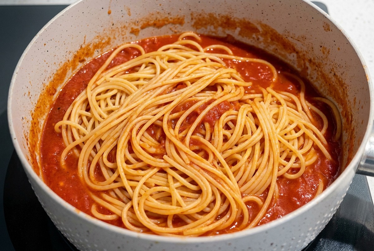 Ugotowane spaghetti kładzione na bulgoczący sos krewetkowy na patelni.