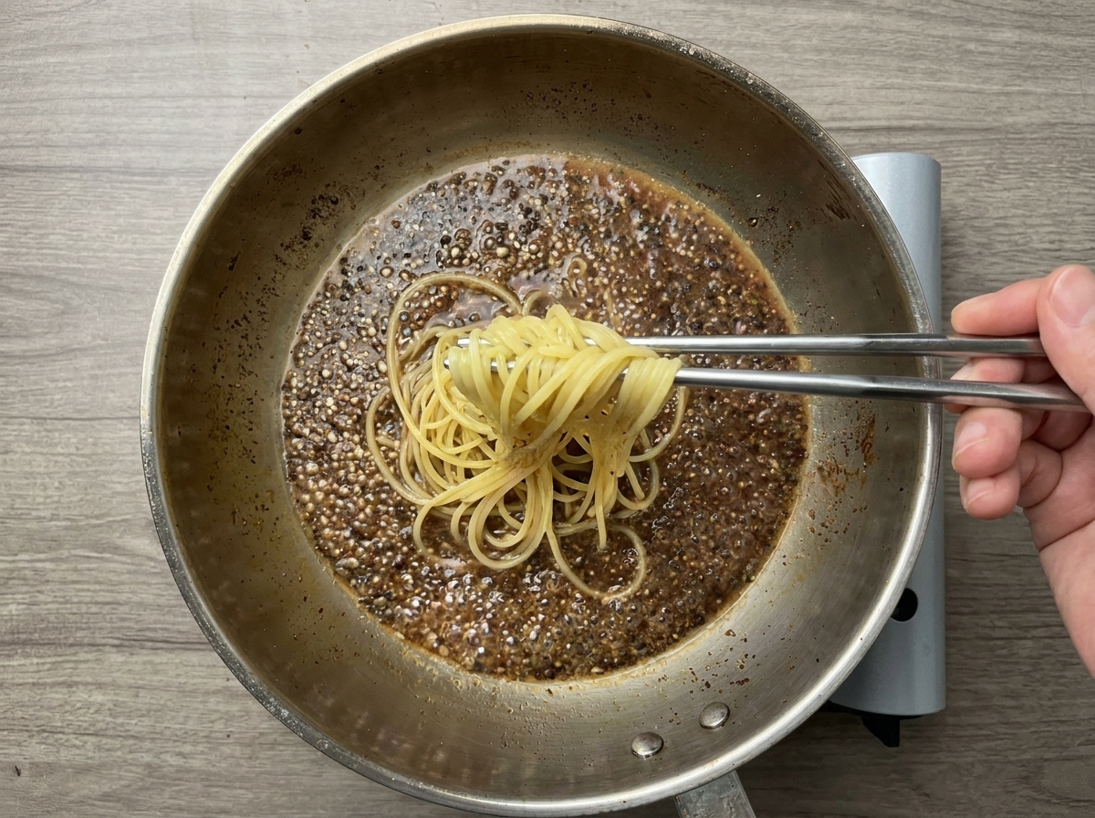 Porcja spaghetti podnoszona szczypcami i przekładana bezpośrednio na patelnię wypełnioną pieprzową wodą.