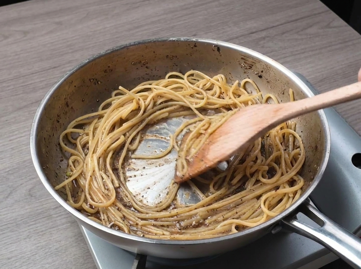 Spaghetti mieszane drewnianą łyżką na patelni ze stali nierdzewnej w celu zemulgowania sosu pieprzowego.