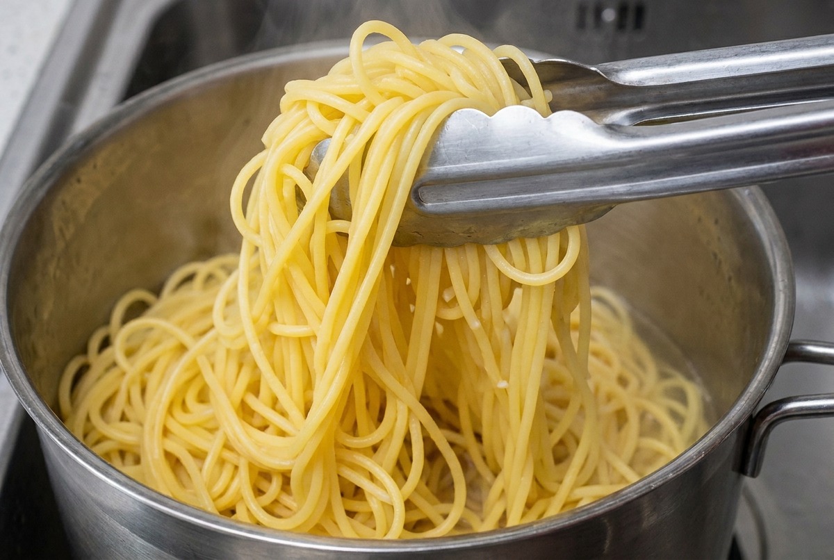 Metalowe szczypce wyjmujące dymiące spaghetti z garnka z wodą.
