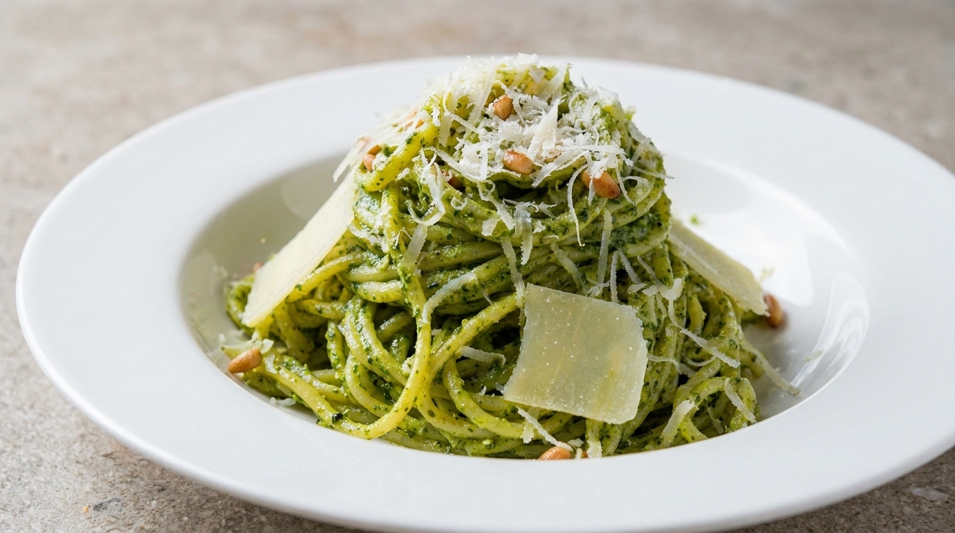 Kremowe spaghetti z bazyliowym pesto i prażonymi orzeszkami pinii