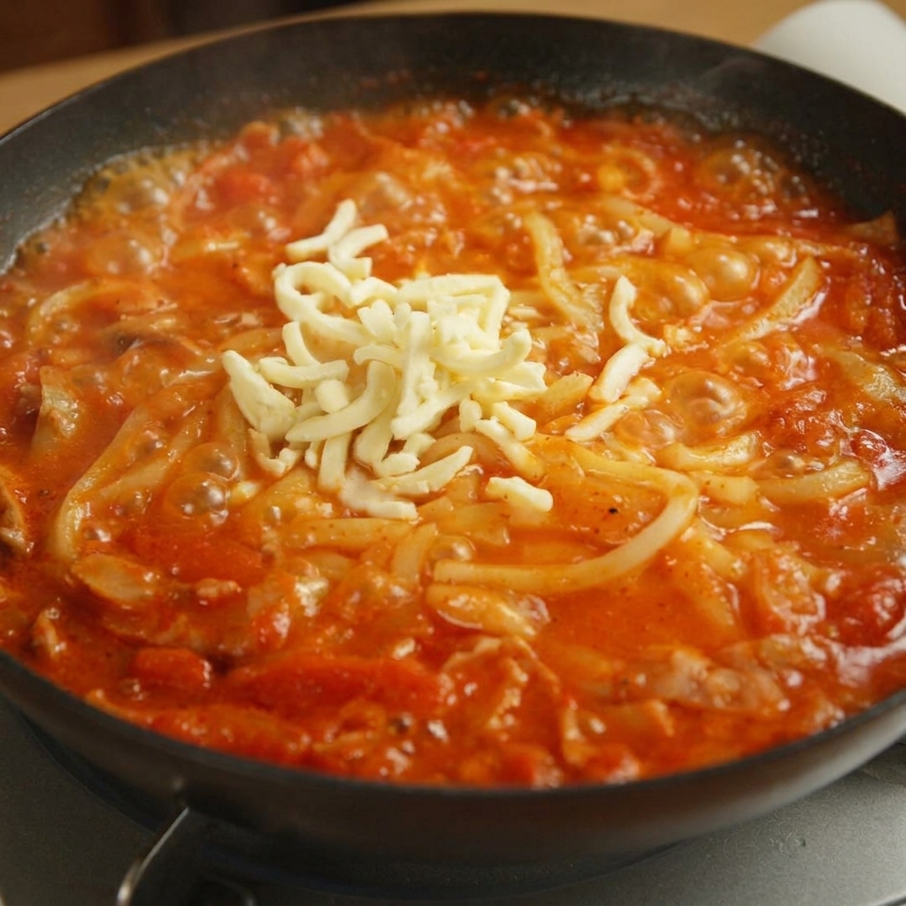 Tarta biała mozzarella ułożona na makaronie udon w czerwonym pikantnym sosie.