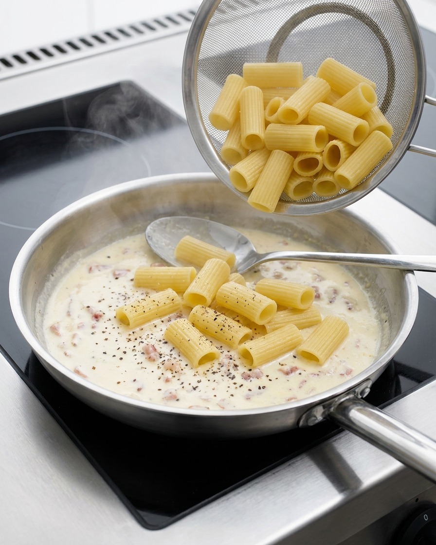 Przekładanie ugotowanego makaronu rigatoni cedzakiem prosto do patelni z sosem.
