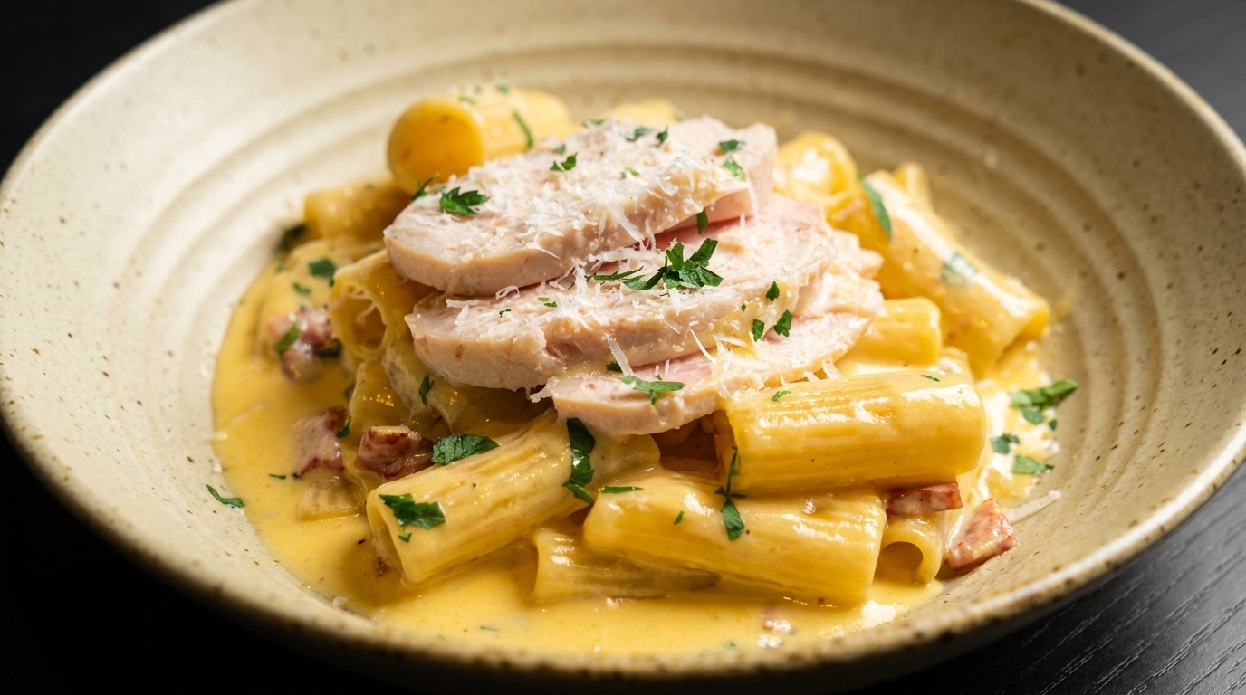 Kremowe Rigatoni Carbonara z boczkiem i plastrami kurczaka