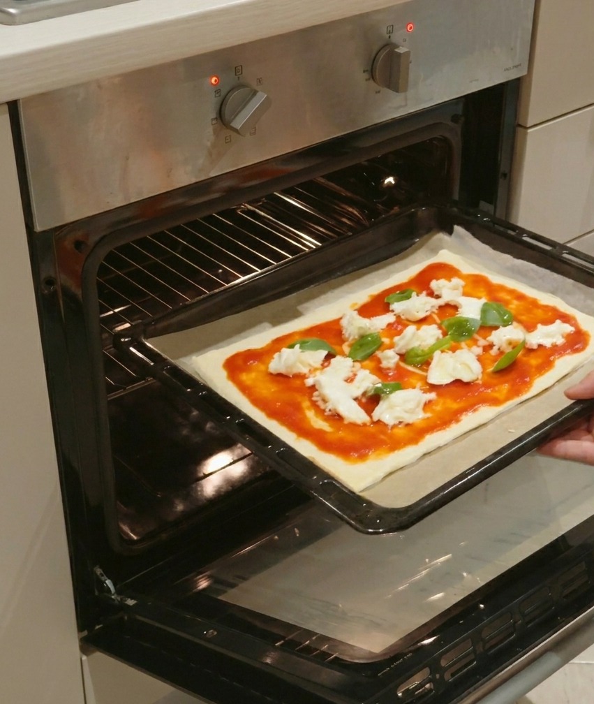 Ręka wsuwająca blachę z surową pizzą Margherita do nagrzanego piekarnika.