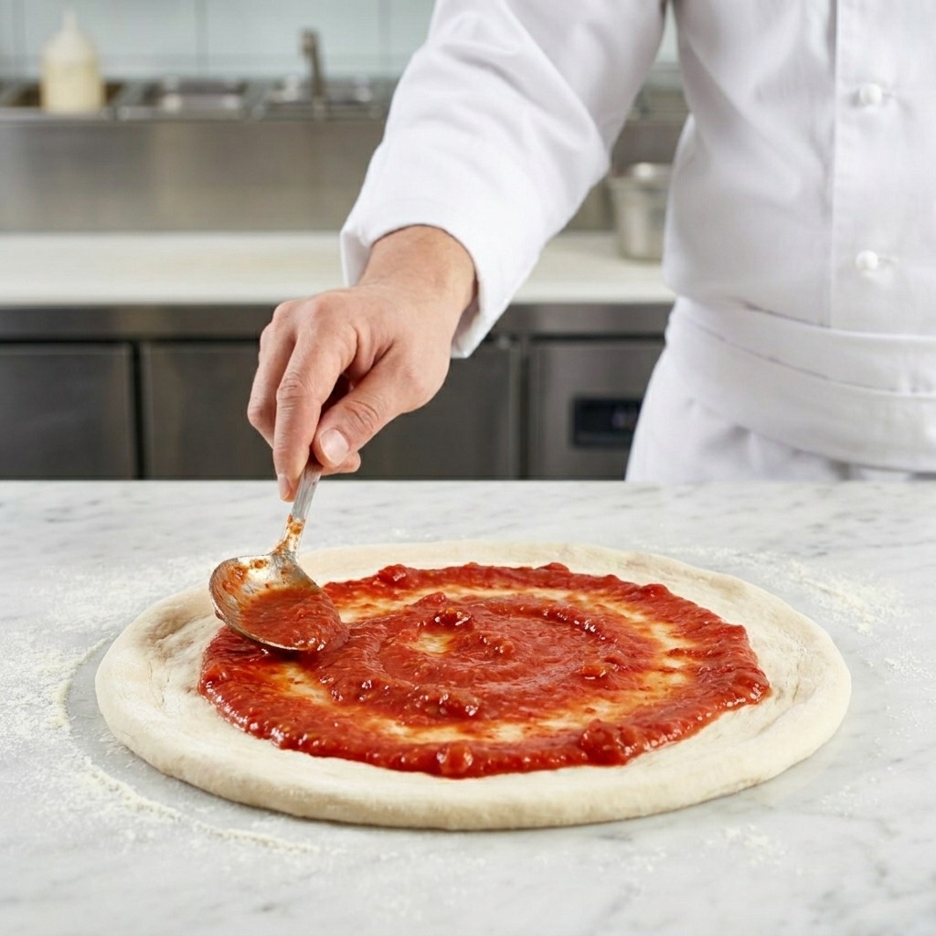 Chochla rozprowadzająca jaskrawoczerwony sos pomidorowy kolistymi ruchami na spodzie pizzy.