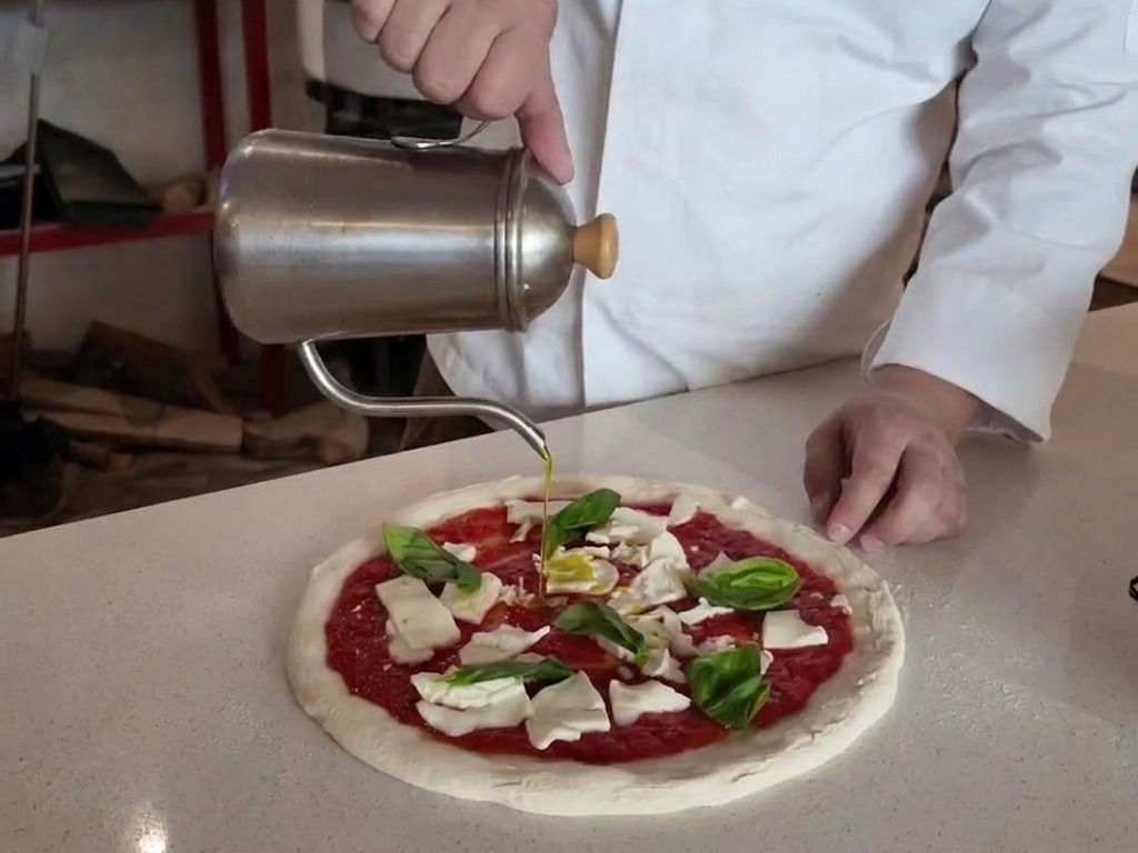 Tradycyjny dyspenser polewający oliwą pizzę z sosem, mozzarellą i świeżą bazylią.