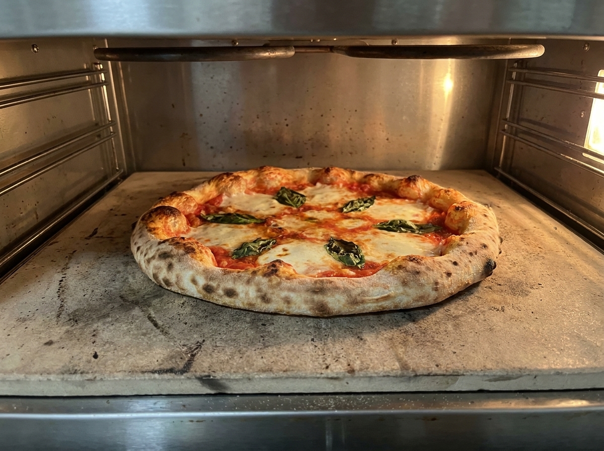 Pizza Margherita piekąca się w gorącym piecu, widoczne wyrośnięte, rumieniące się brzegi i bulgoczący ser.
