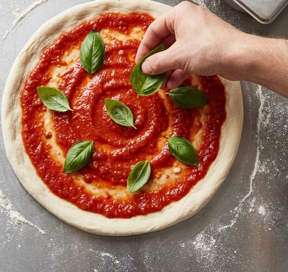 Dłonie rozsmarowujące czerwony sos na spodzie pizzy i układające świeże listki bazylii.