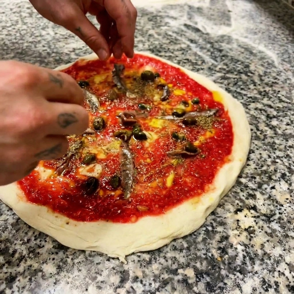 Dłonie ostrożnie układające ciemne, całe oliwki na pizzy z sosem i anchois.