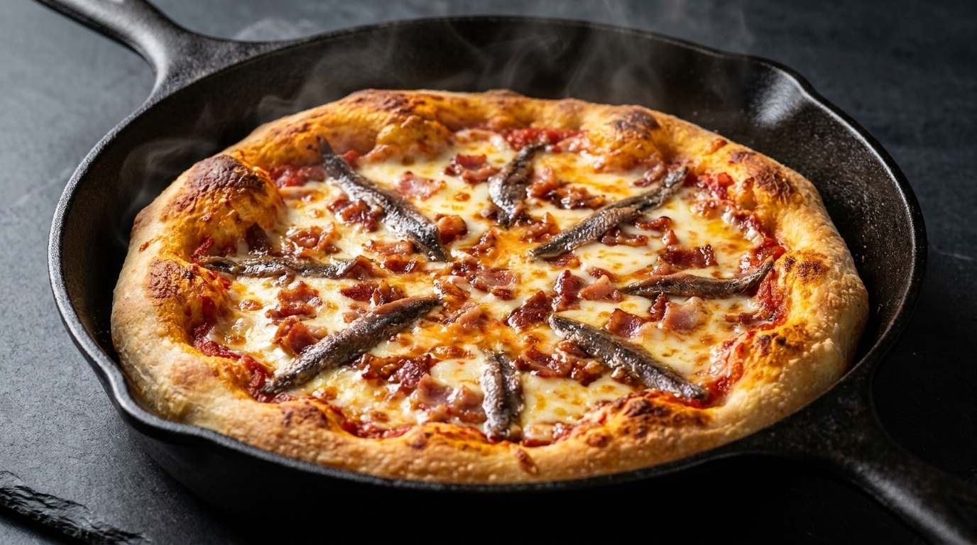 Chrupiąca pizza z patelni z anchois i boczkiem