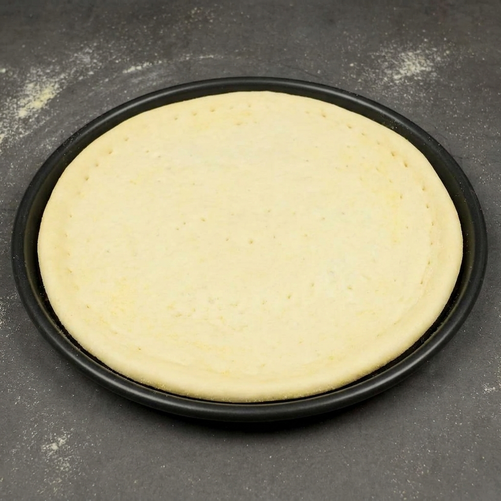 Surowy spód do pizzy ułożony idealnie na środku w okrągłej, ciemnej, metalowej formie do pieczenia.