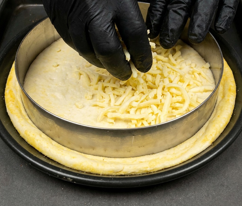 Starta mozzarella nakładana na wierzch ciasta na pizzę wewnątrz okrągłej, metalowej formy.