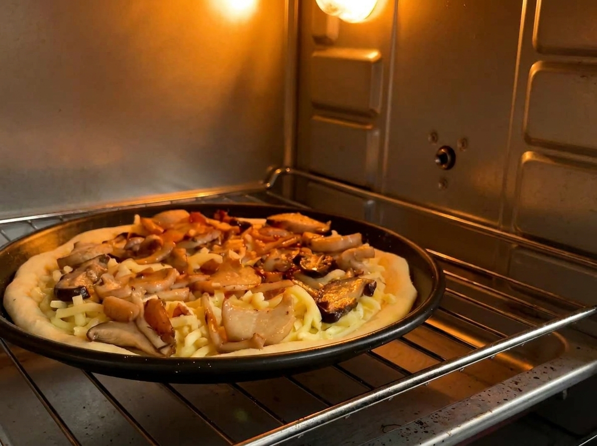 Pizza z grzybami piecząca się na ruszcie wewnątrz piekarnika, oświetlona wewnętrznym światłem.