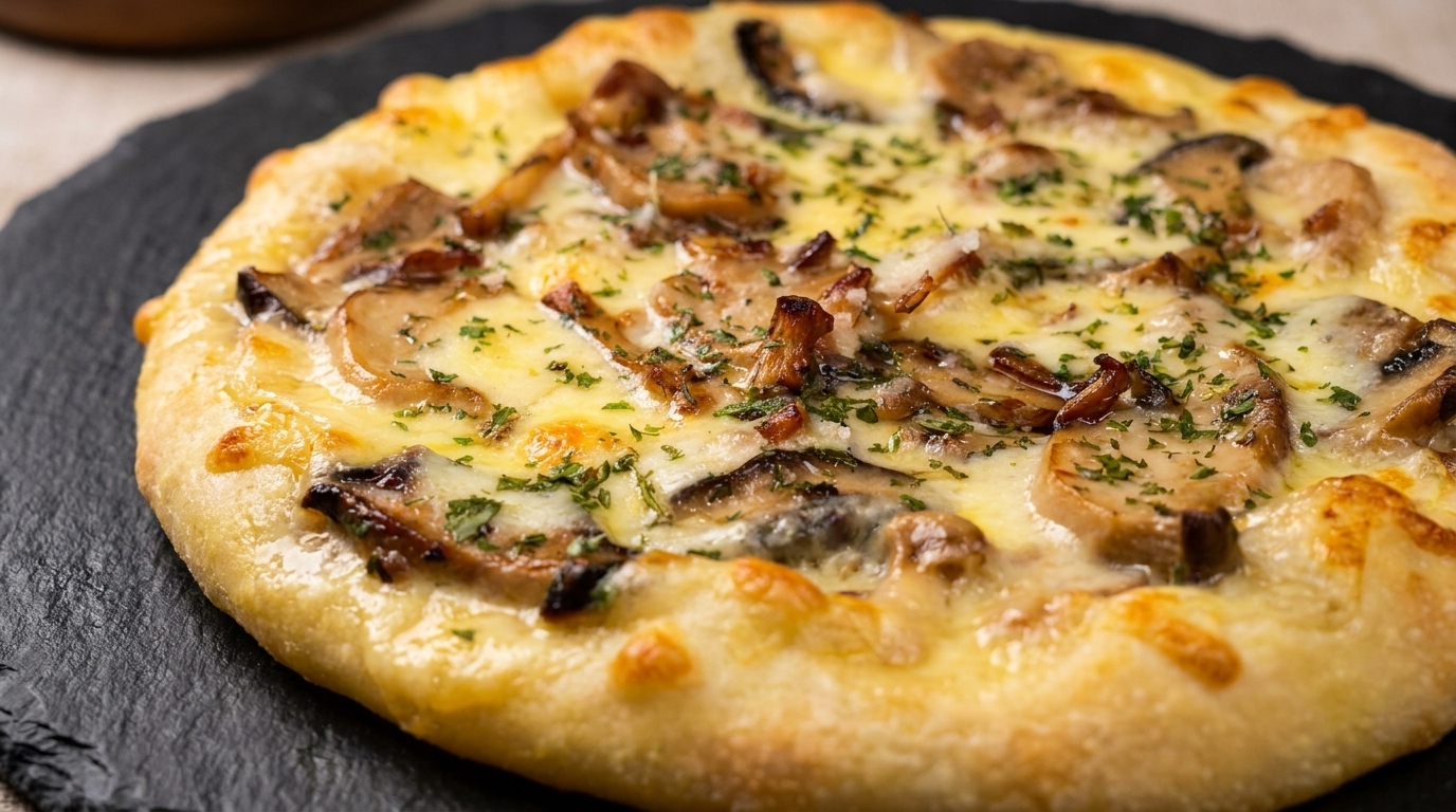 Wykwintna biała pizza z grzybami, czosnkiem i świeżymi ziołami