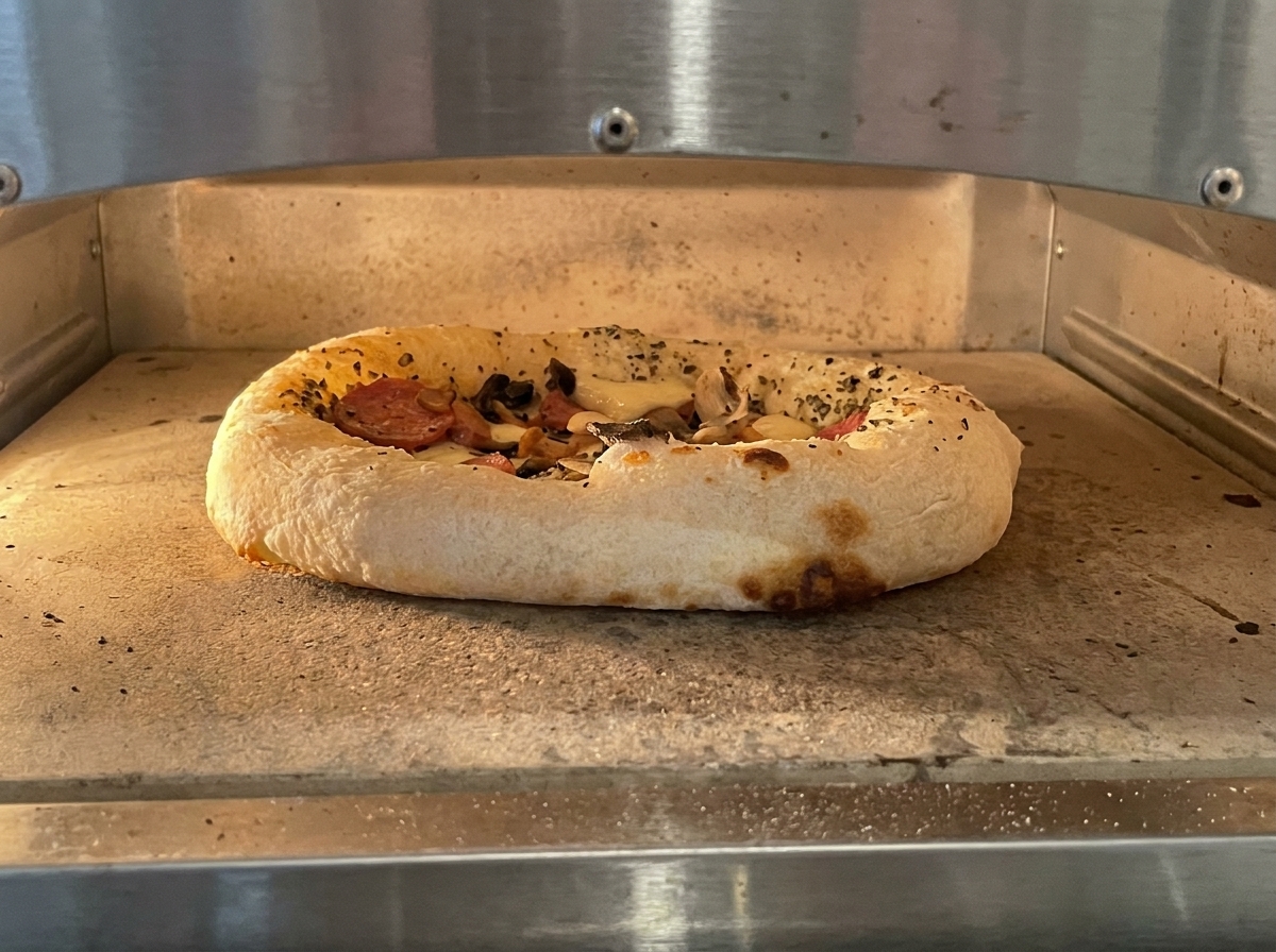 Pizza piekąca się w piecu; brzegi są mocno wyrośnięte i przyrumienione, a ser bulgocze.