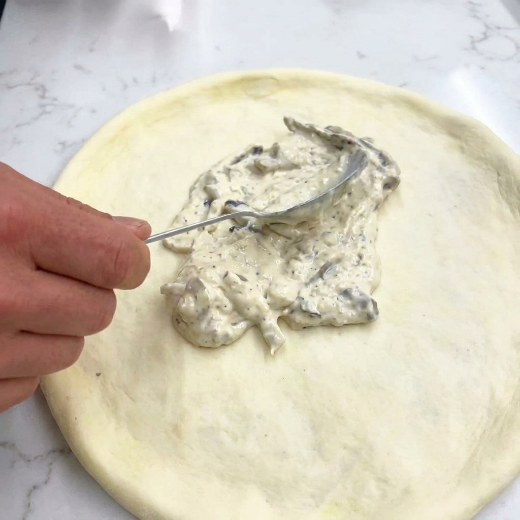 Metalowa łyżka rozprowadzająca gęsty, biały sos z kawałkami grzybów na surowym cieście do pizzy.