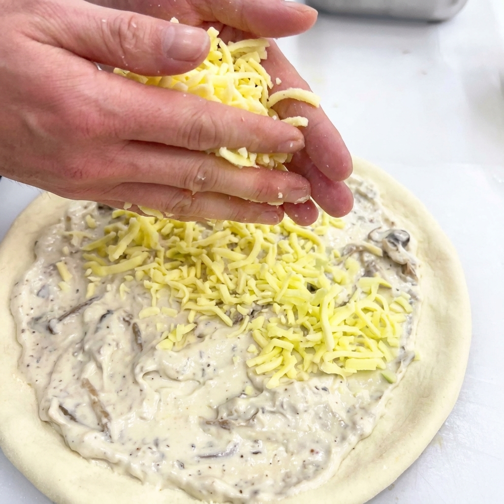 Dłonie posypujące tartym biało-żółtym serem spód pizzy pokryty białym sosem.